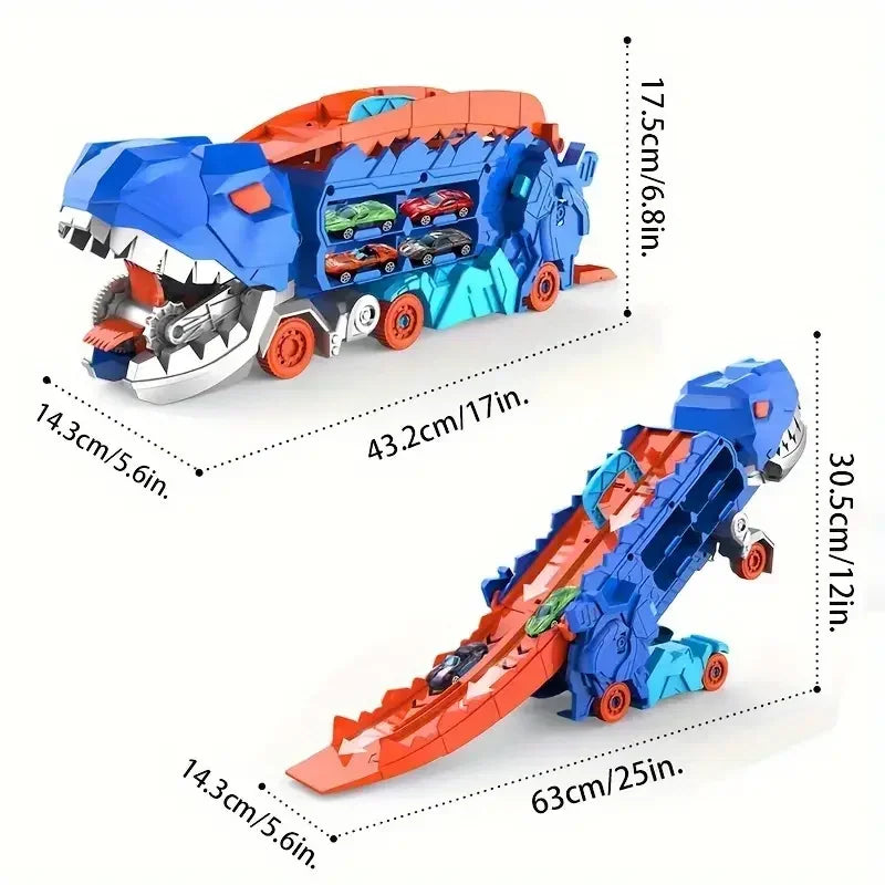 TurquoisePrime™ Dinosaur Truck Transforms into Standing T-rex with Foldable Sliding Race Track