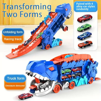 TurquoisePrime™ Dinosaur Truck Transforms into Standing T-rex with Foldable Sliding Race Track