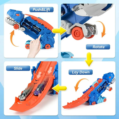 TurquoisePrime™ Dinosaur Truck Transforms into Standing T-rex with Foldable Sliding Race Track