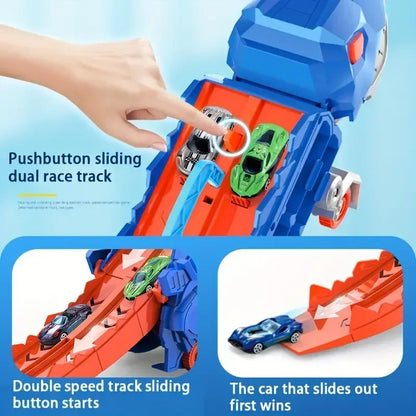 TurquoisePrime™ Dinosaur Truck Transforms into Standing T-rex with Foldable Sliding Race Track