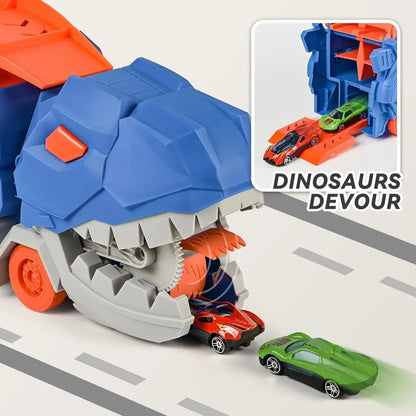 TurquoisePrime™ Dinosaur Truck Transforms into Standing T-rex with Foldable Sliding Race Track