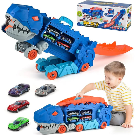 TurquoisePrime™ Dinosaur Truck Transforms into Standing T-rex with Foldable Sliding Race Track